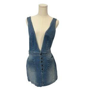 FREE PEOPLE Old School Love Jumper Retro Denim Overalls Jean Mini Dress Size 12